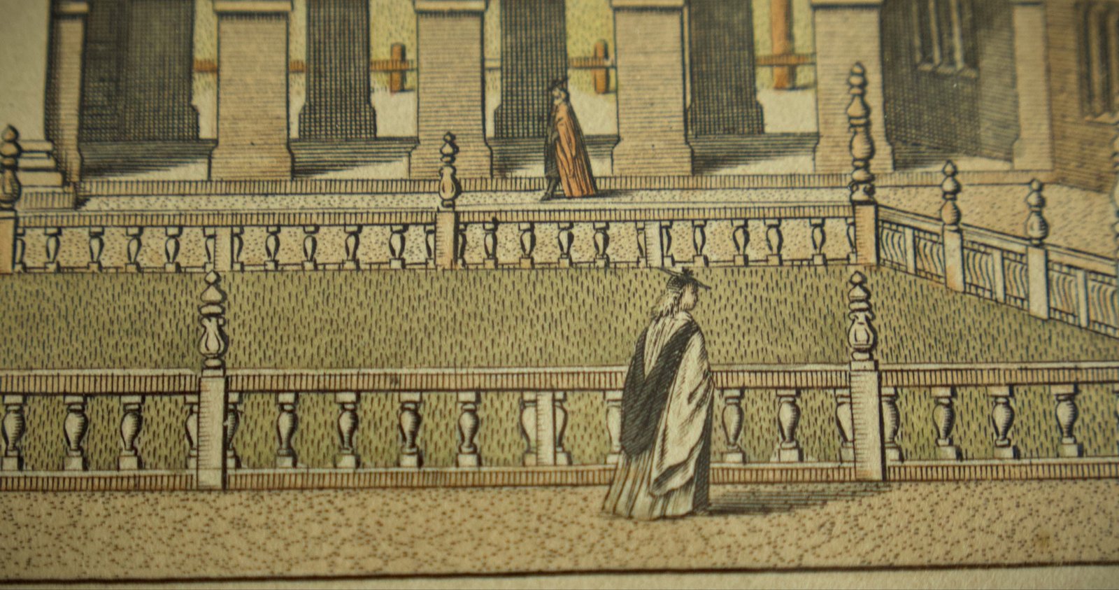 Antique engraving of Emmanuel College, with gowned figures among stone balustrades